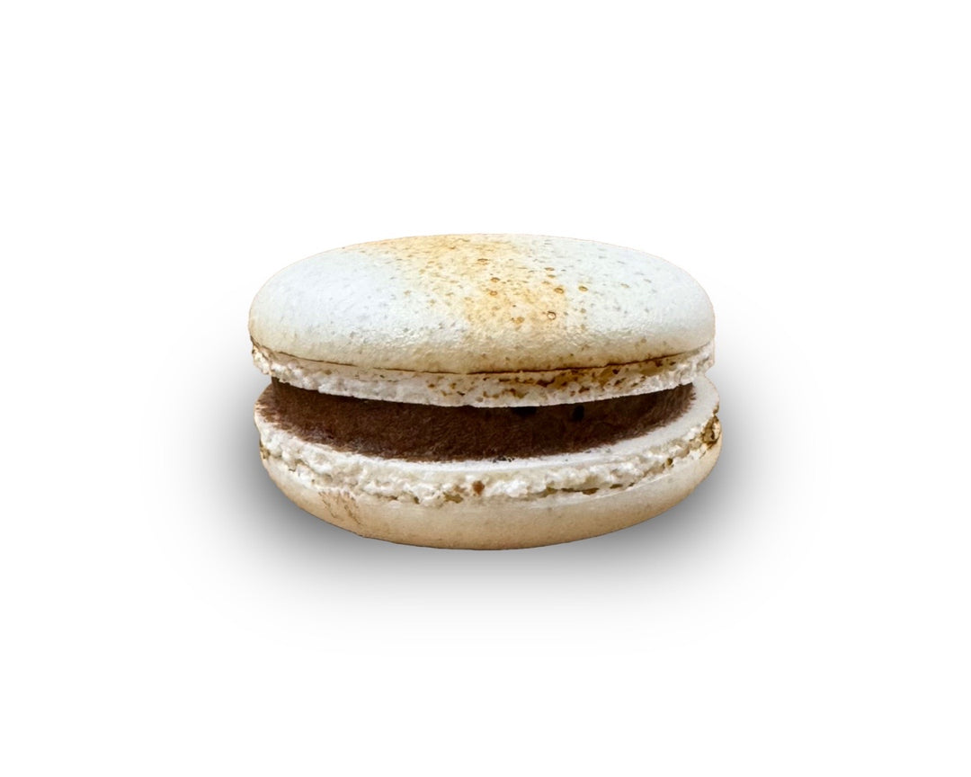 toasted white macaron with chocolate filling