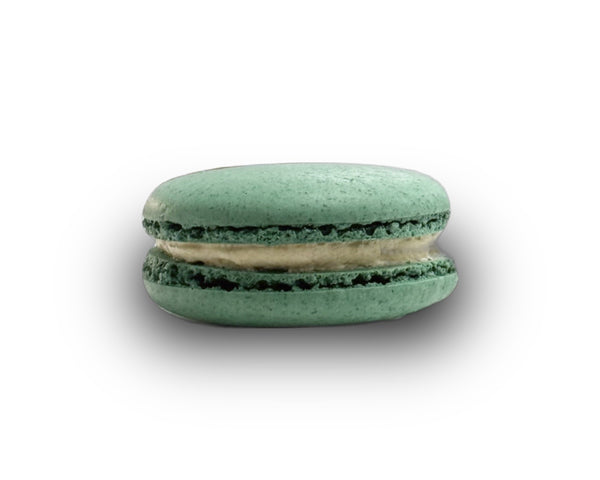 Green macaron on a white background