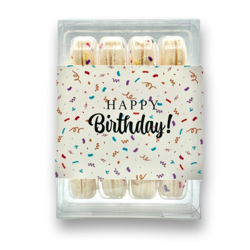 A clear plastic sleeve with 'Happy Birthday!' text and colorful confetti design, intended for wrapping gifts.