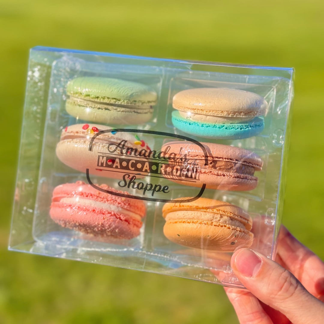 six extra large french macarons held up to an outdoor grass background