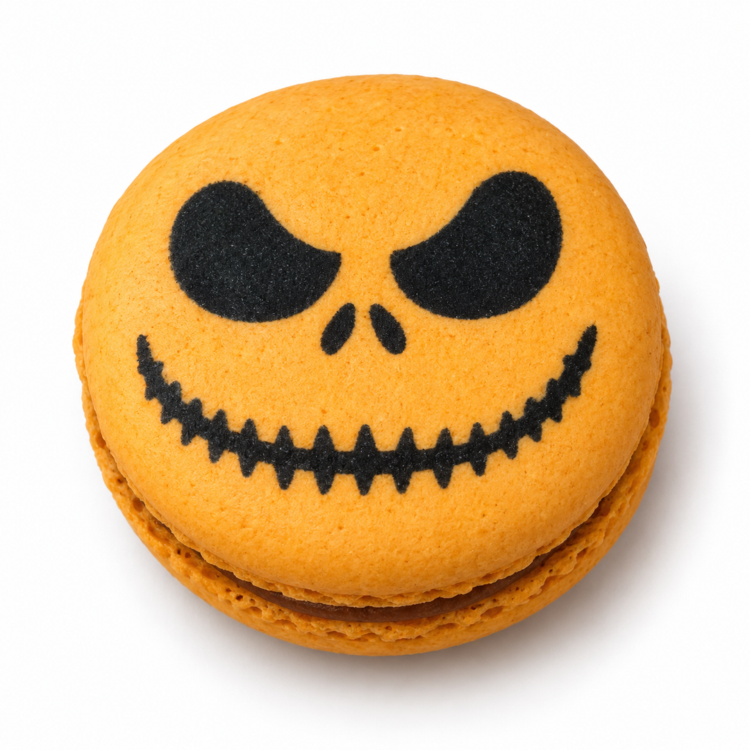 orange macaron with a halloween face printed in black