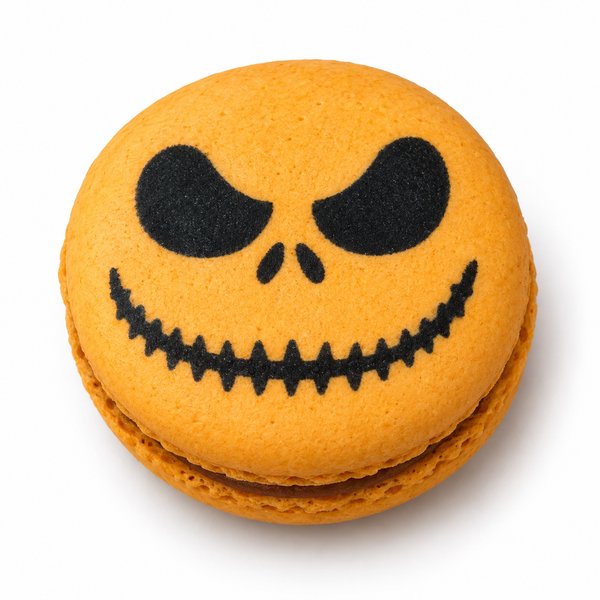orange macaron with a halloween face printed in black