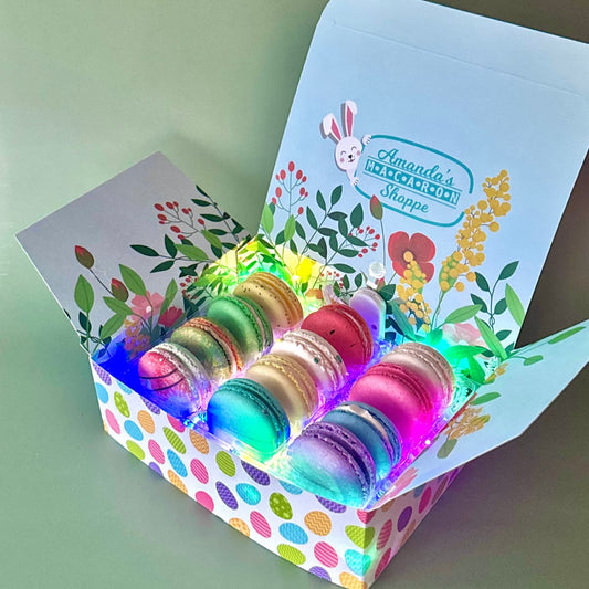 12 French macarons in a mulitcolor light up easter themed gift box