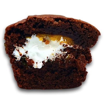 Chocolate Fluffernutter Macarownie cut in half with fluff oozing out